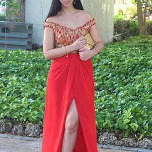 Virgos Lounge Elegant Red and Gold Off-Shoulder Gown Size 10